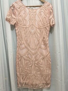 Molly Bracken Blush Pink Beaded Short Sleeve Cocktail Dress a249